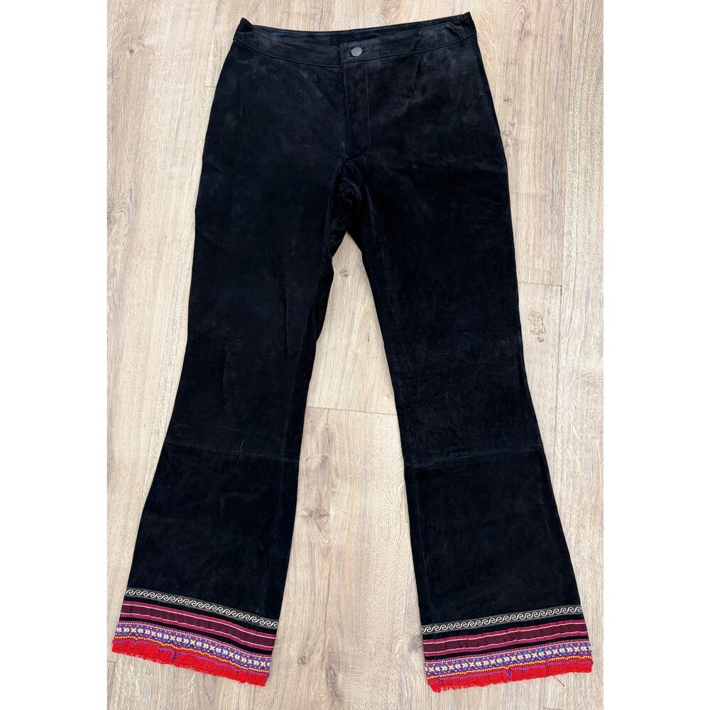Vintage Maxima Black Suede Leather Flare Pants Embroidered Hem Boho Festival 30